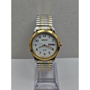 Seiko Solar Day Date White Dial Two Tone Expansion Mens Dress Watch Japan